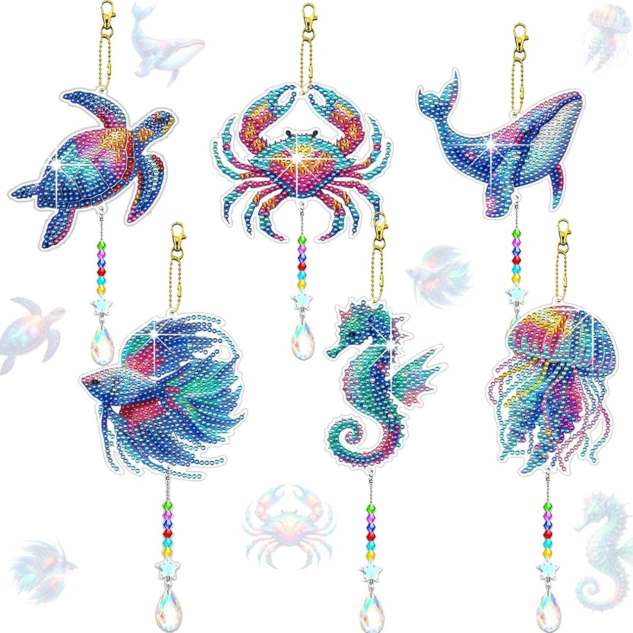 Ocean Diamond Art Wind Chimes Kit for Adults – 6 DIY Sea Animal Suncatchers, Double-Sided Gem Painting, Perfect Gifts for Mom